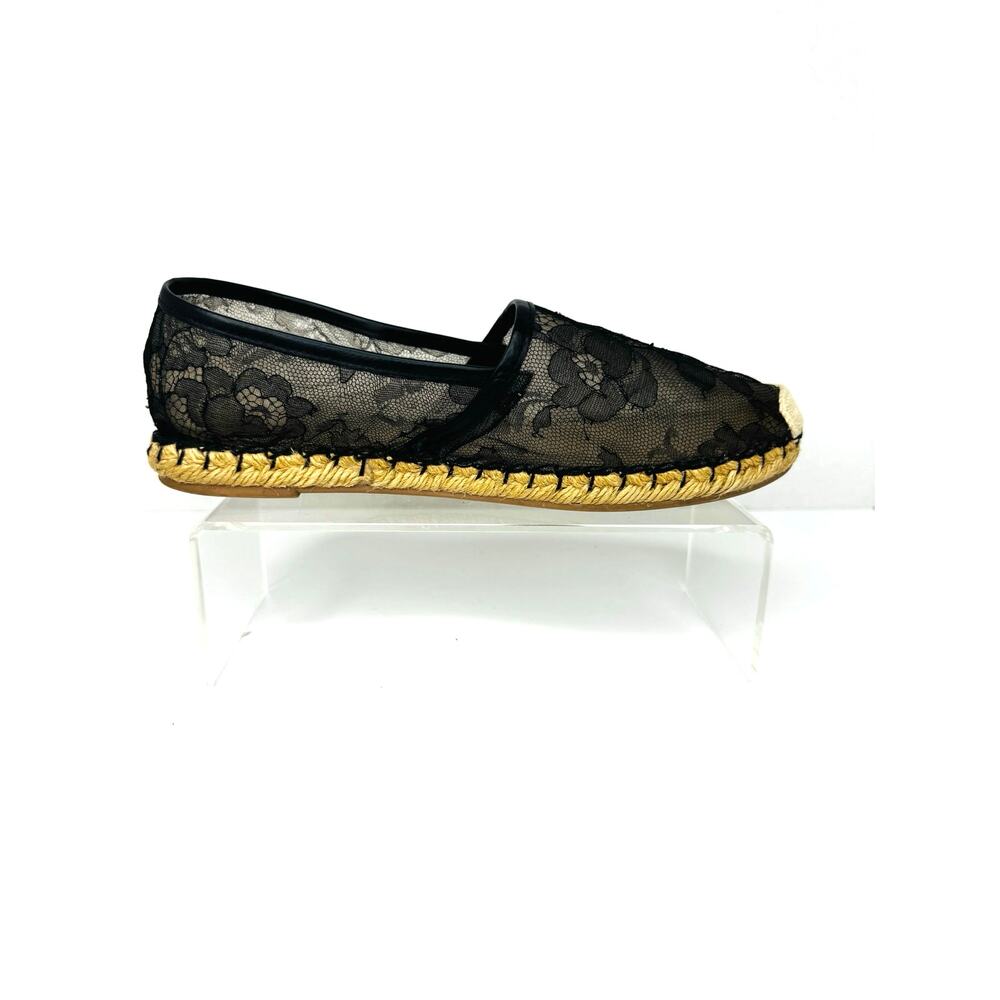 Valentino Black Lace Leather Espadrille Flats Slip On Shoes size EU 37 US 7 - Picture 2 of 9